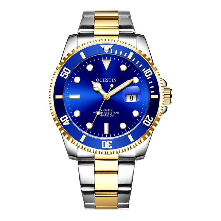 Ochstin 5019F Fashion Business Single Calendar Waterproof Stainless Steel Strap Quartz Watch(Gold+Blue)