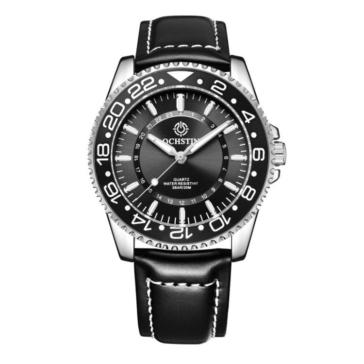 Ochstin 5019G Fashion Business Waterproof Leather Strap Quartz Watch(Black+Black)