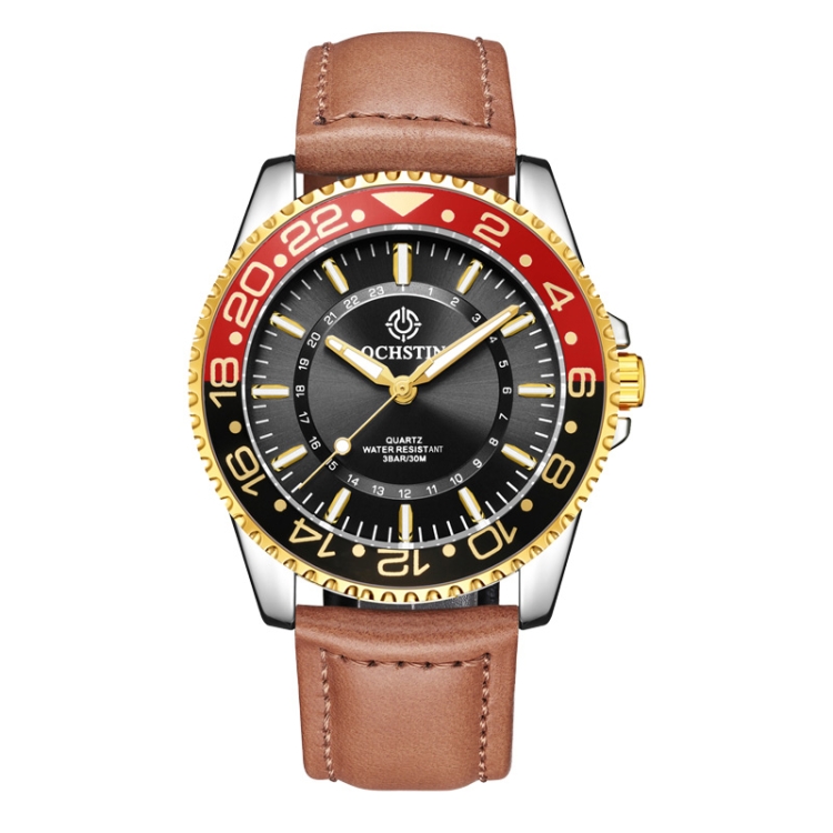 Ochstin 5019G Fashion Business Waterproof Leather Strap Quartz Watch(Black+Red+Brown)
