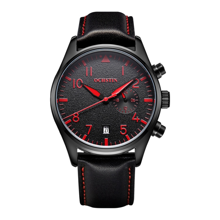 Ochstin 5043C Multifunctional Business Waterproof Leather Strap Quartz Watch(Black+Black+Red)