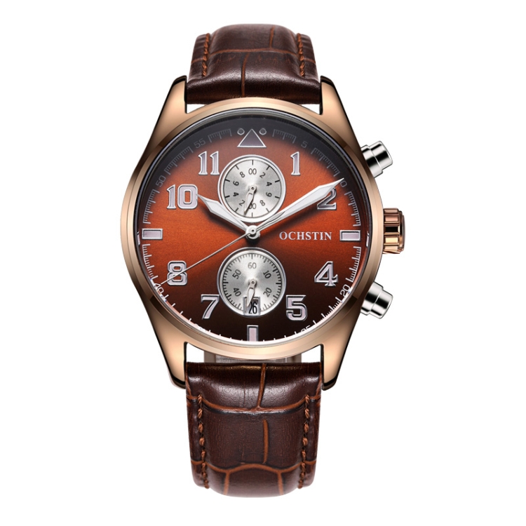 Ochstin 5043G Multifunctional Waterproof Leather Strap Quartz Watch(Coffee+Silver+Coffee)