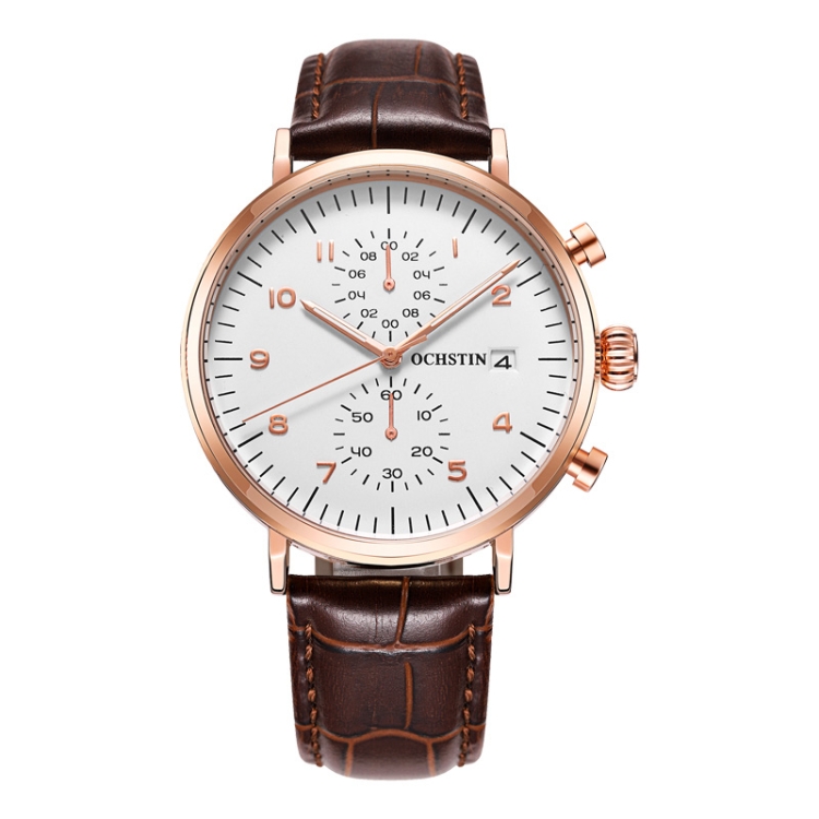 Ochstin 5076D Multifunctional Business Leather Waterproof Luminous Quartz Watch(Rose Gold+Coffee)