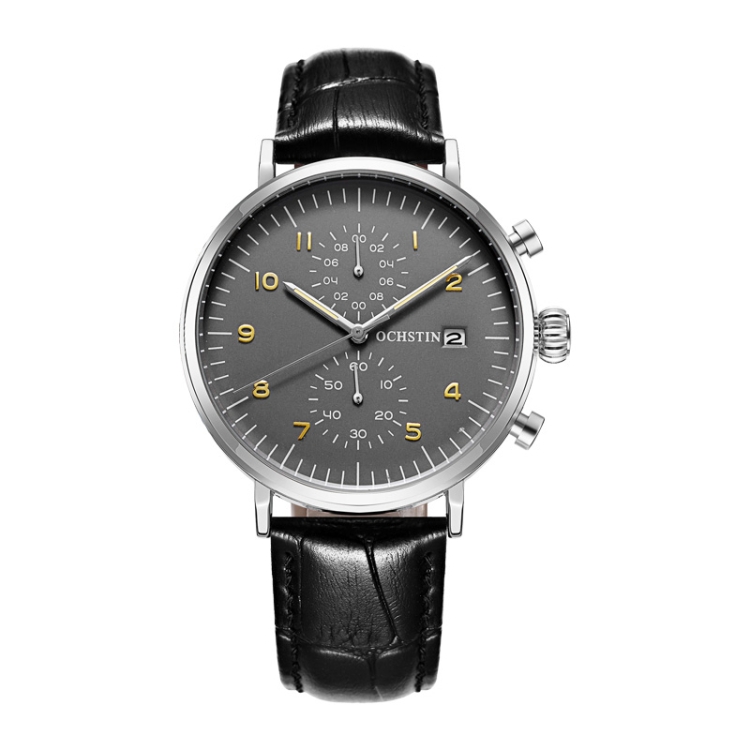 Ochstin 5076D Multifunctional Business Leather Waterproof Luminous Quartz Watch(Silver+Black)