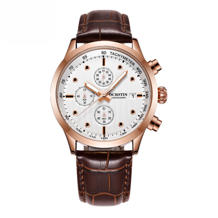 Ochstin 6042B Multifunctional Business Leather Waterproof Luminous Quartz Men Watch(Rose Gold+Coffee)