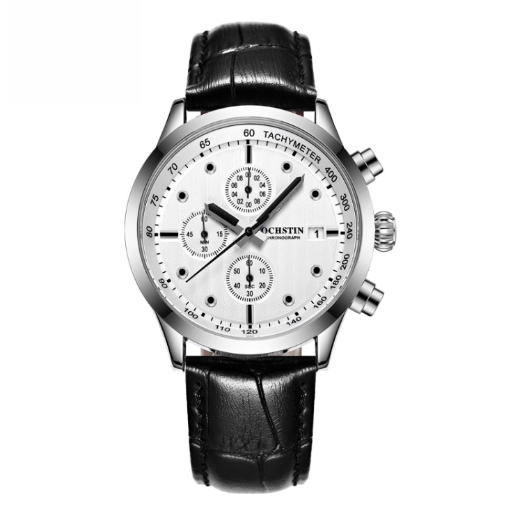 Ochstin 6042B Multifunctional Business Leather Waterproof Luminous Quartz Men Watch(Silver+Black)