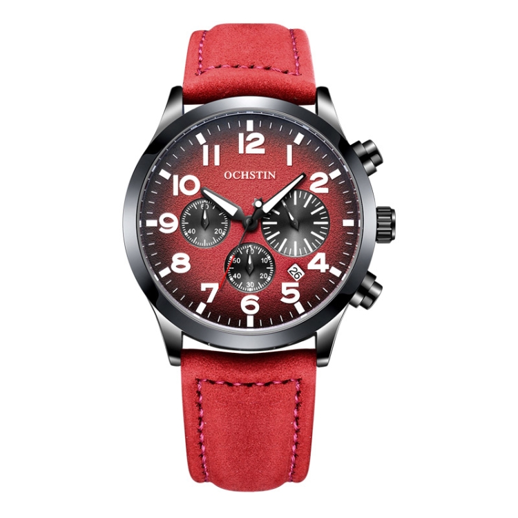 Ochstin 6042C Fashion Leather Waterproof Luminous Quartz Men Watch(Gradient Black Red)
