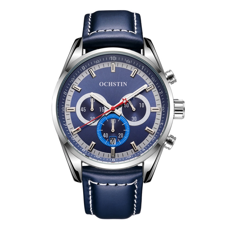 Ochstin 6046A Business Style Quartz Men Leather Watch(Silver+Blue)
