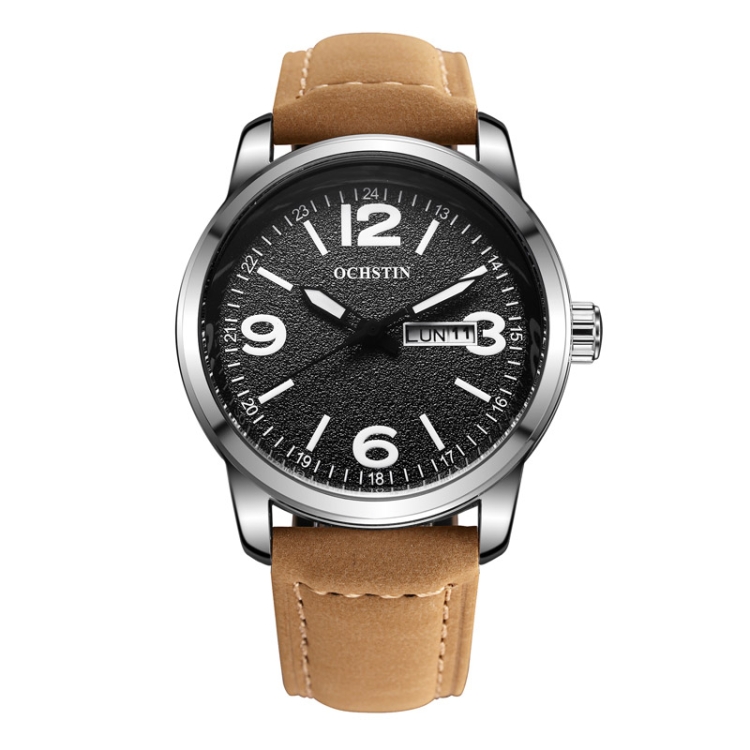Ochstin 6047B Business Style Quartz Men Leather Watch(Silver+Khaki)