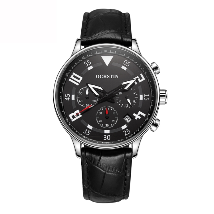 Ochstin 6050B Multifunctional Quartz Men Leather Watch(Silver+Black)