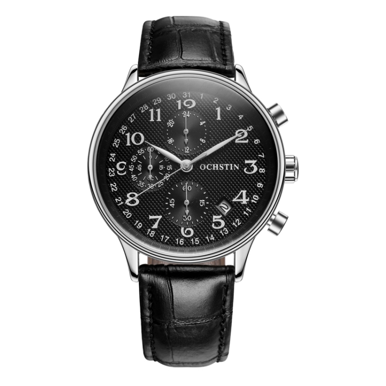 Ochstin 6050C Multifunctional Quartz Men Leather Watch(Silver+Black)