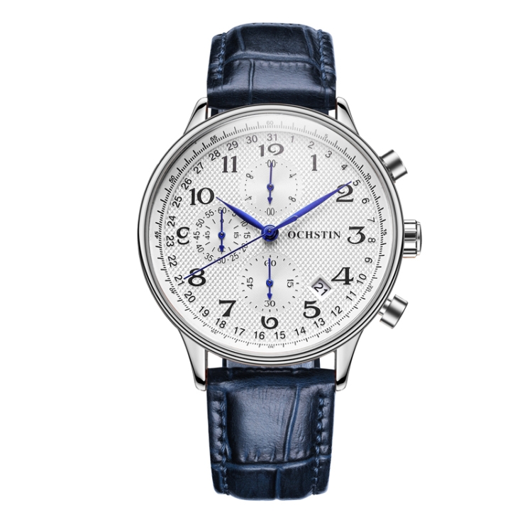 Ochstin 6050C Multifunctional Quartz Men Leather Watch(Silver+Blue)