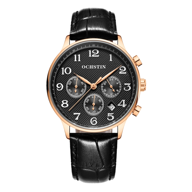 Ochstin 6050E Multifunctional Quartz Men Leather Watch(Rose Gold+Black)