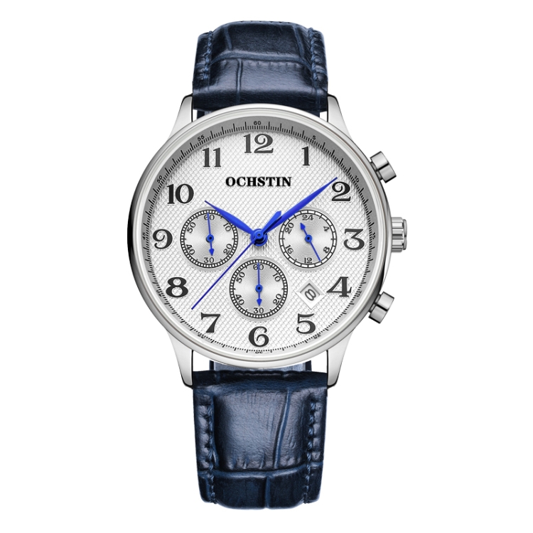 Ochstin 6050E Multifunctional Quartz Men Leather Watch(Silver+Blue)