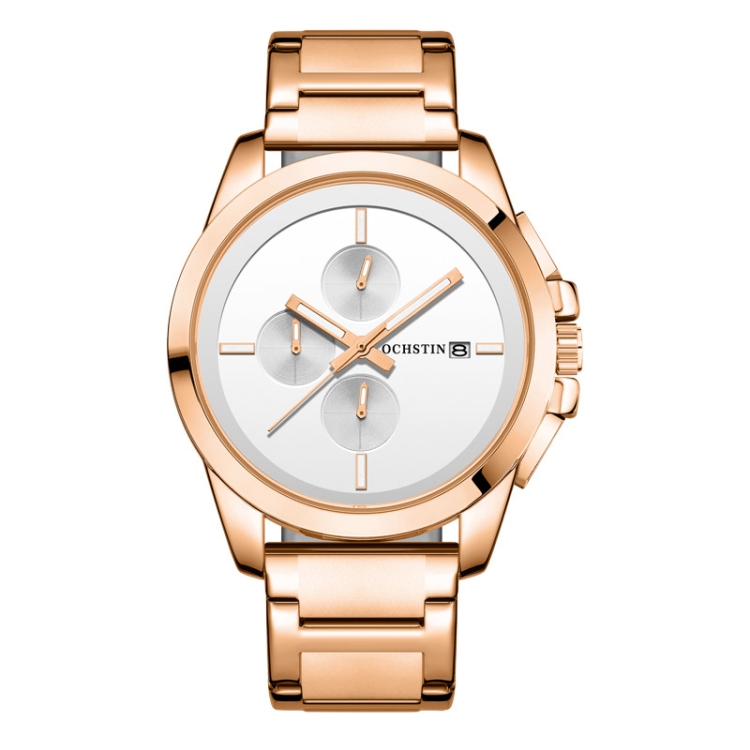 OCHSTIN 6059C Pilot Series Multifunctional Quartz Steel Band Men Watch(White+Rose Gold)