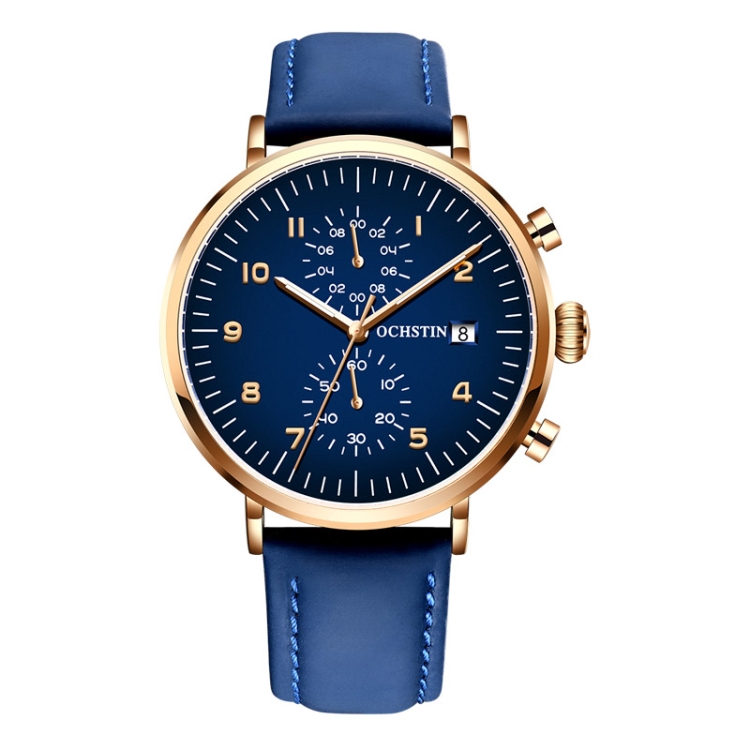 OCHSTIN 6076C Multifunctional Quartz Waterproof Men Leather Watch(Rose Gold+Blue)