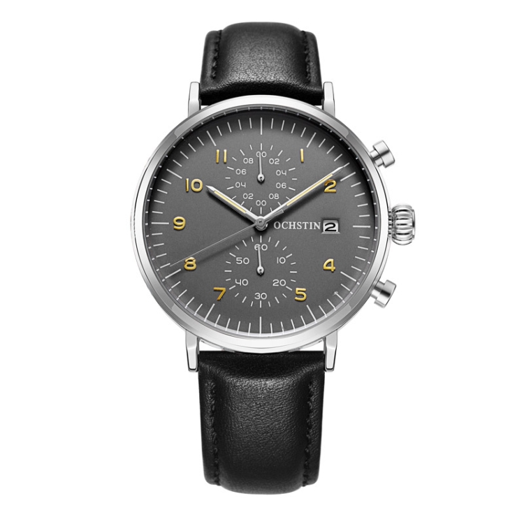 OCHSTIN 6076C Multifunctional Quartz Waterproof Men Leather Watch(Silver+Grey+Black)