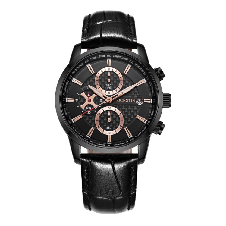 OCHSTIN 6085B Multifunctional Quartz Waterproof Men Leather Watch(Black)