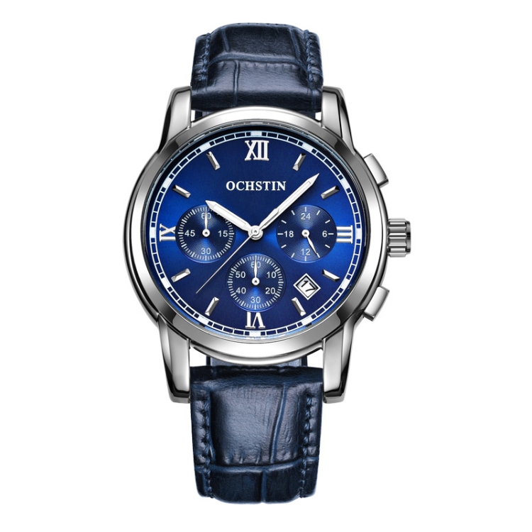 OCHSTIN 6097B Multifunctional Quartz Waterproof Luminous Men Leather Watch(Silver+Blue)