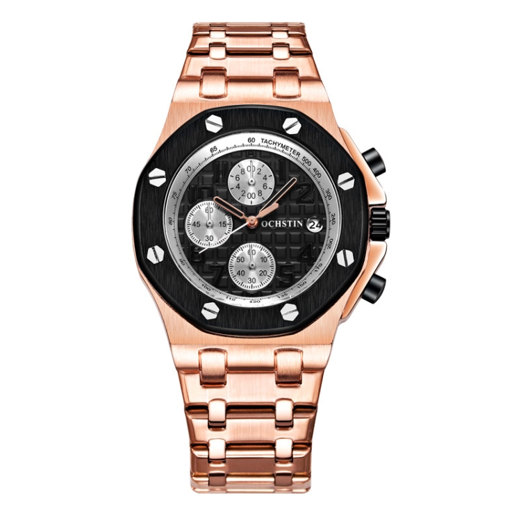 OCHSTIN 6100D Multifunctional Quartz Waterproof Luminous Steel Strap Men Watch(Black+Rose Gold)