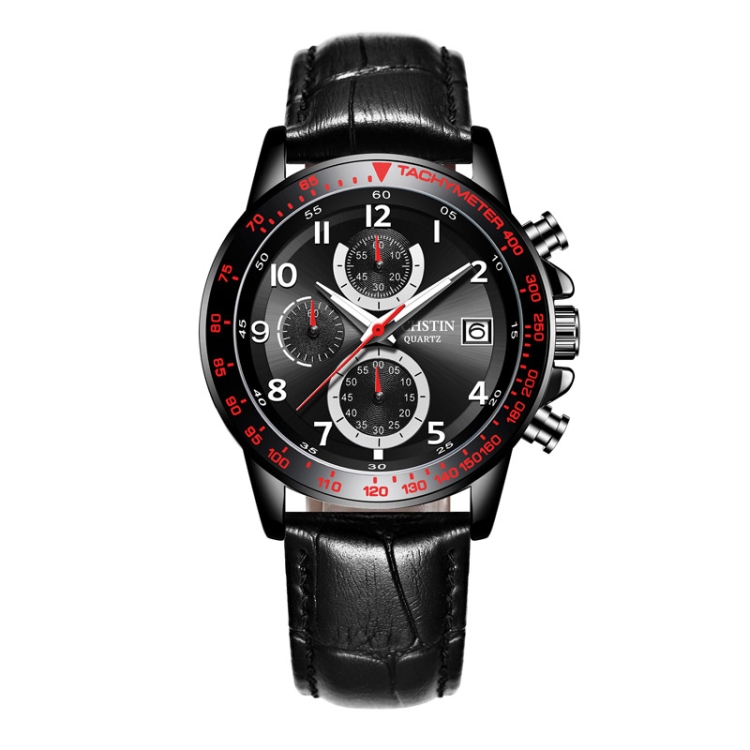 OCHSTIN 6112B Multifunctional Quartz Waterproof Luminous Men Leather Watch(Black 01)