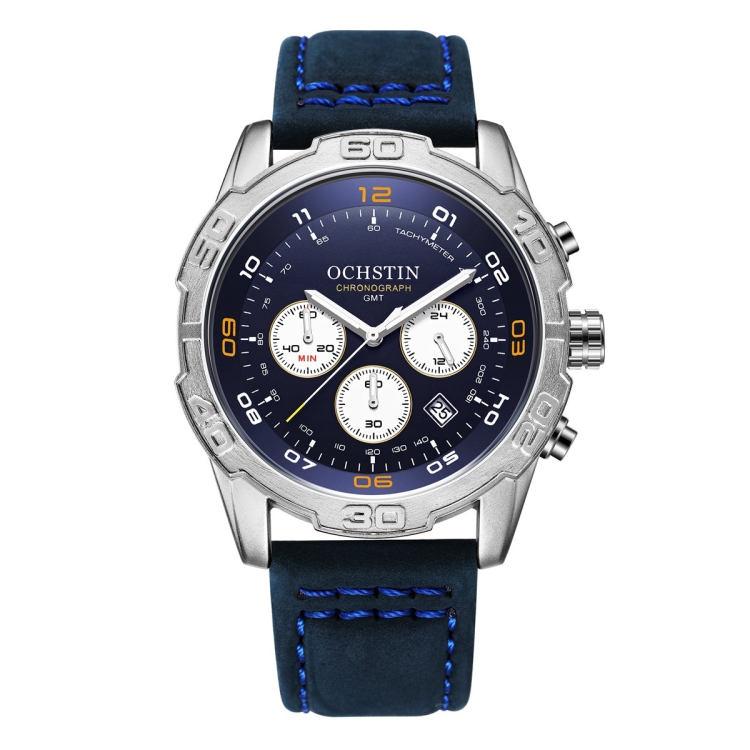 OCHSTIN 6116 Men Leather Calendar Multi Function Leisure Men Waterproof Watch(Blue)