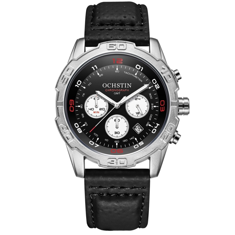 OCHSTIN 6116 Men Leather Calendar Multi Function Leisure Men Waterproof Watch(Silvery)