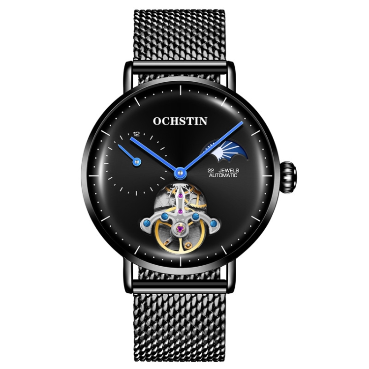 OCHSTIN 6121 Flywheel Mechanical Watch Fashion Hollow Full Automatic Mechanical Watch Business Men Watch Stainless Steel Watch Waterproof Watch(Black)
