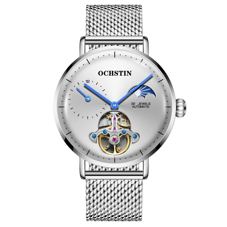 OCHSTIN 6121 Flywheel Mechanical Watch Fashion Hollow Full Automatic Mechanical Watch Business Men Watch Stainless Steel Watch Waterproof Watch(White)