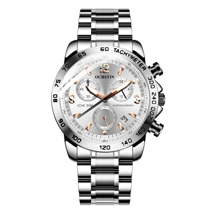 OCHSTIN 6123B Multifunctional Quartz Waterproof Luminous Steel Strap Men Watch(Silver White)