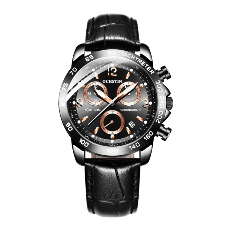 OCHSTIN 6123C Multifunctional Quartz Waterproof Luminous Men Leather Watch(Black 01)