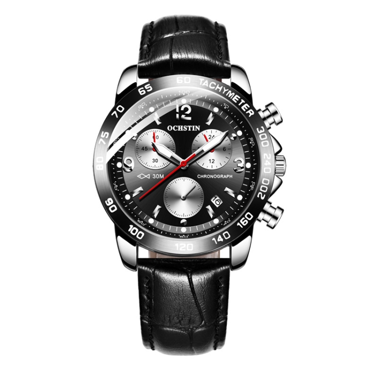 OCHSTIN 6123C Multifunctional Quartz Waterproof Luminous Men Leather Watch(Silver Black 02)