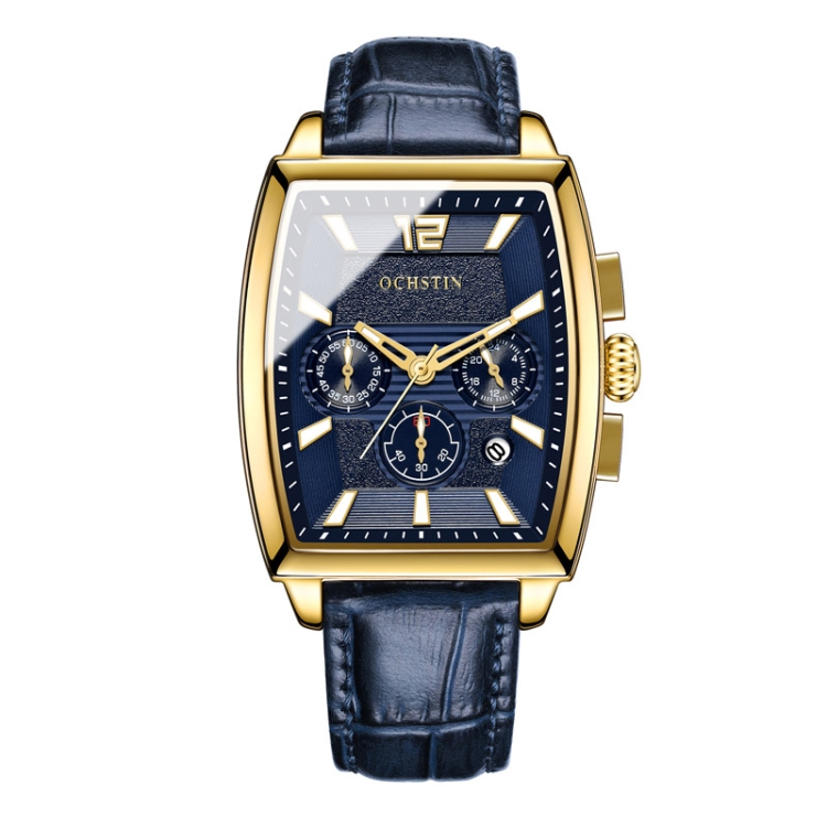 OCHSTIN 6133A Multifunctional Quartz Waterproof Luminous Men Leather Watch(Gold Blue)