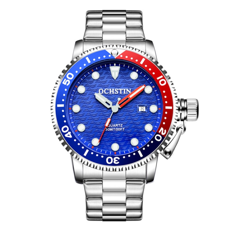 OCHSTIN 7003A Multifunctional Quartz Waterproof Luminous Steel Strap Men Watch(Silver+Blue)
