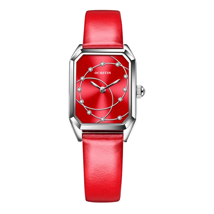 OCHSTIN 7008C Parangon Series Fashion Casual Leather Strap Quartz Watch(Silver+Red)