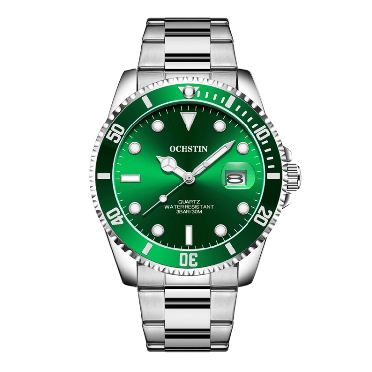 OCHSTIN 7019A Multifunctional Quartz Waterproof Luminous Steel Strap Men Watch(Gren+Silver)