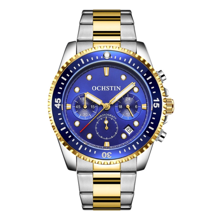 OCHSTIN 7019C Multifunctional Quartz Waterproof Luminous Steel Strap Men Watch(Blue+Gold)