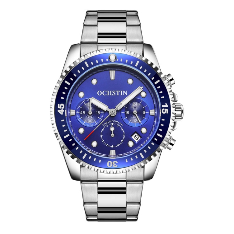 OCHSTIN 7019C Multifunctional Quartz Waterproof Luminous Steel Strap Men Watch(Blue+Silver)