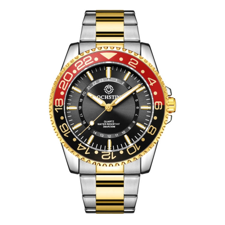 OCHSTIN 7019D Multifunctional Quartz Waterproof Luminous Steel Strap Men Watch(Black+Gold)