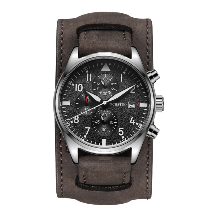 Ochstin 7227 Multifunctional Business Leather Wrist Wrist Waterproof Quartz Watch(Black+Dark Brown)