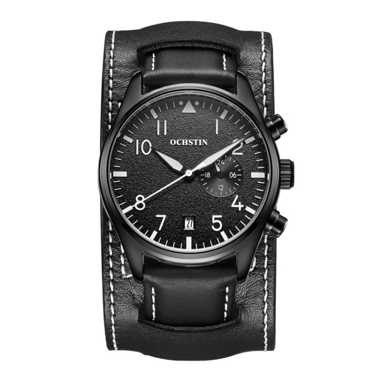 Ochstin 7228 Multifunctional Business Leather Wrist Wrist Waterproof Quartz Watch(Black+White)