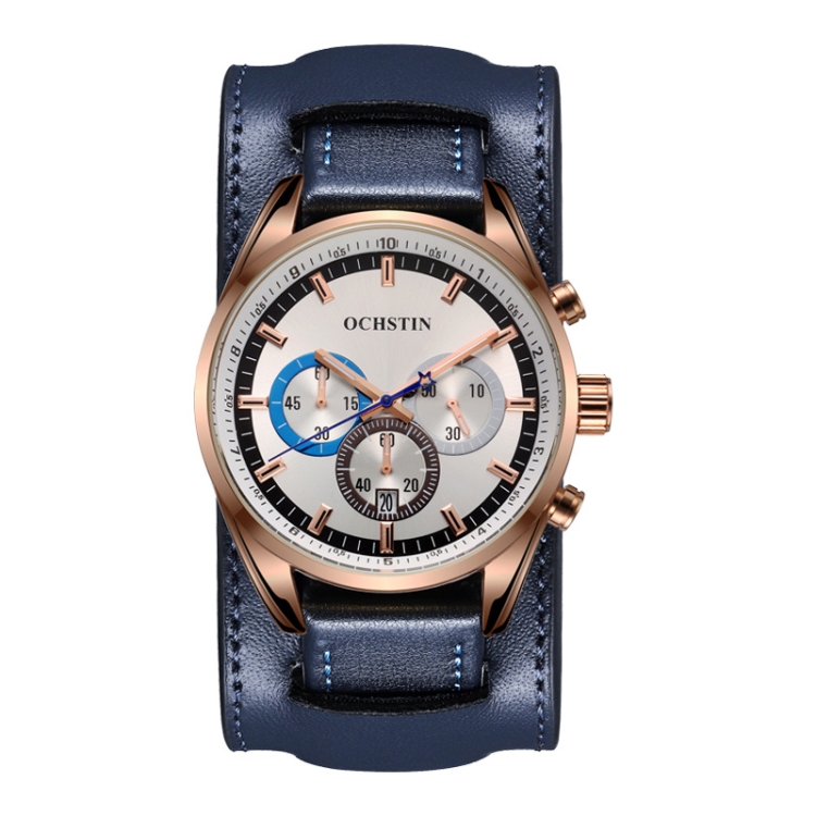 Ochstin 7229 Multifunctional Business Leather Wrist Wrist Waterproof Luminous Quartz Watch(Rose Gold+Blue)