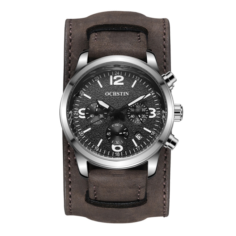 Ochstin 7230 Multifunctional Business Leather Wrist Wrist Waterproof Quartz Watch(Silver+Dark Brown)