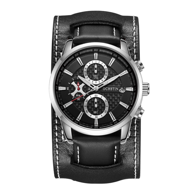 Ochstin 7231 Multifunctional Business Leather Wrist Wrist Waterproof Quartz Watch(Silver+Black)