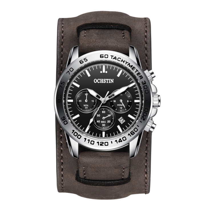 Ochstin 7234 Multifunctional Business Leather Wrist Wrist Waterproof Quartz Watch(Black+Dark Brown)