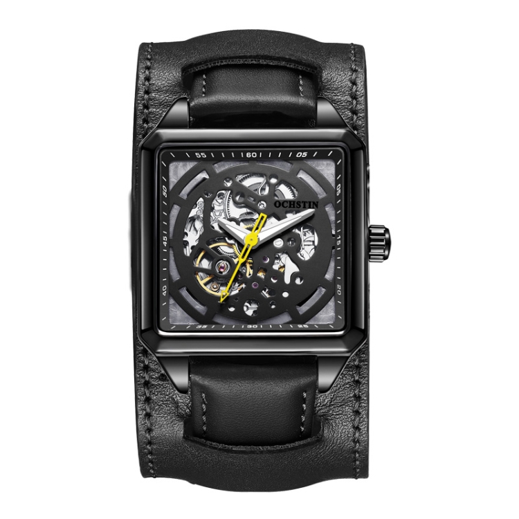 Ochstin 7237 Business Leather Wrist Wrist Waterproof Luminous Skeleton Mechanical Watch(Black+Black)
