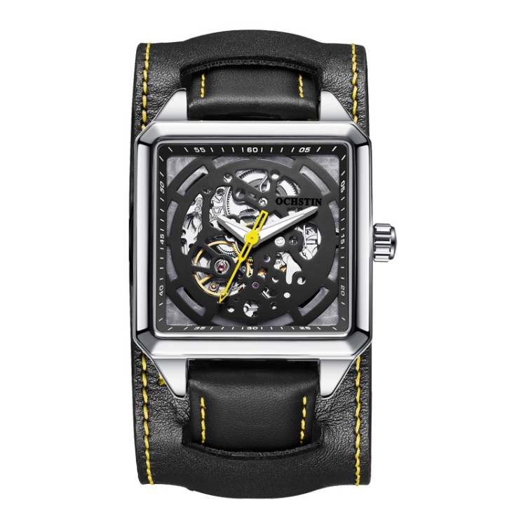 Ochstin 7237 Business Leather Wrist Wrist Waterproof Luminous Skeleton Mechanical Watch(Silver+Black)