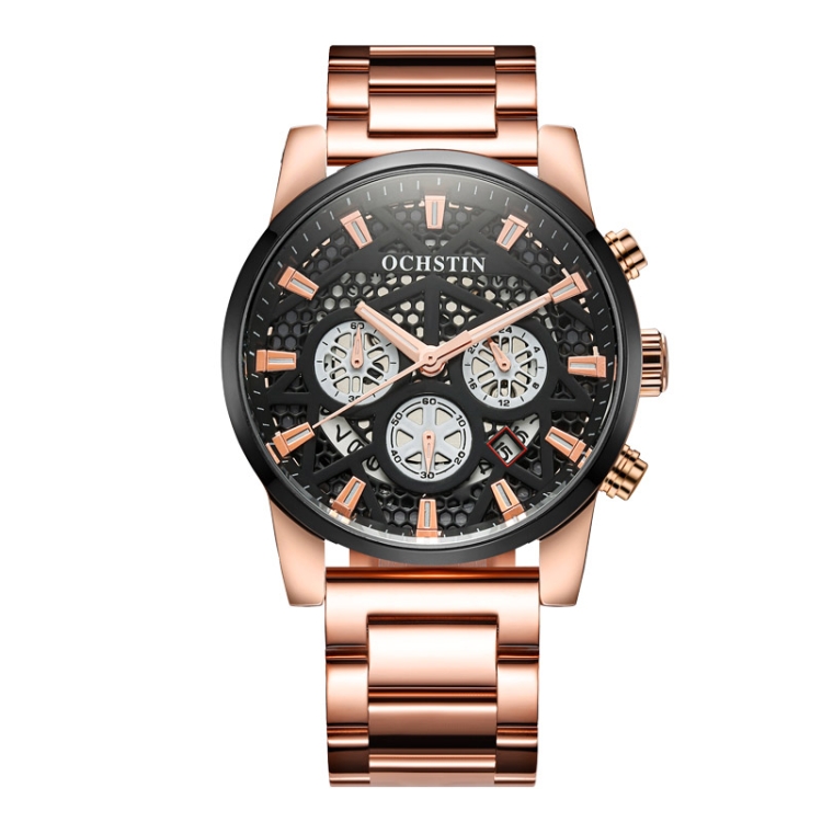OCHSTIN 7241 Multifunctional Quartz Waterproof Steel Strap Men Watch(Rose Gold+Black)