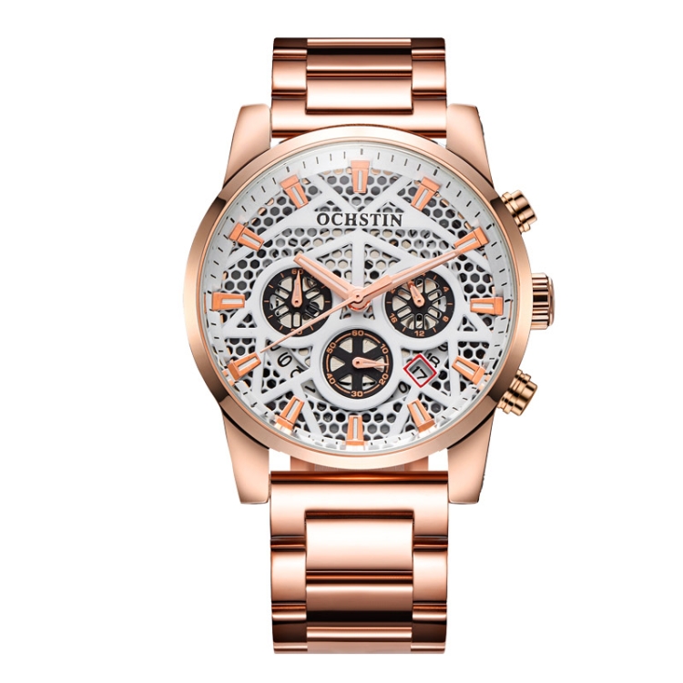 OCHSTIN 7241 Multifunctional Quartz Waterproof Steel Strap Men Watch(Rose Gold+White)