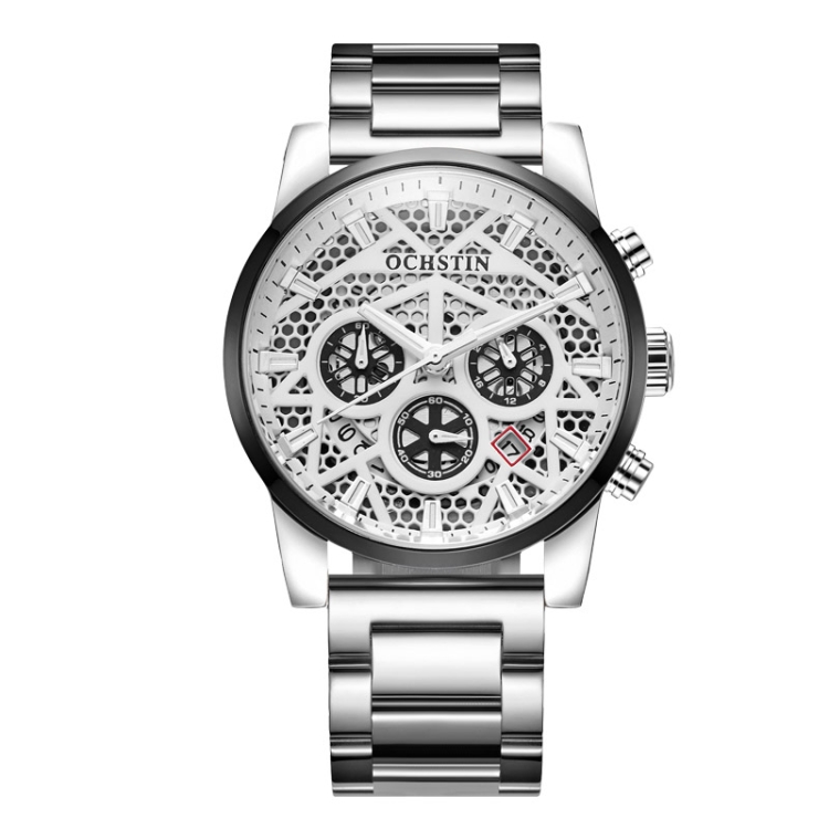OCHSTIN 7241 Multifunctional Quartz Waterproof Steel Strap Men Watch(Silver White)
