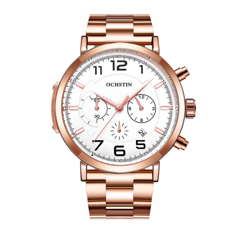 OCHSTIN 7243 Men Fashion Steel Strap Multifunctional Quartz Watch(Rose Gold White)
